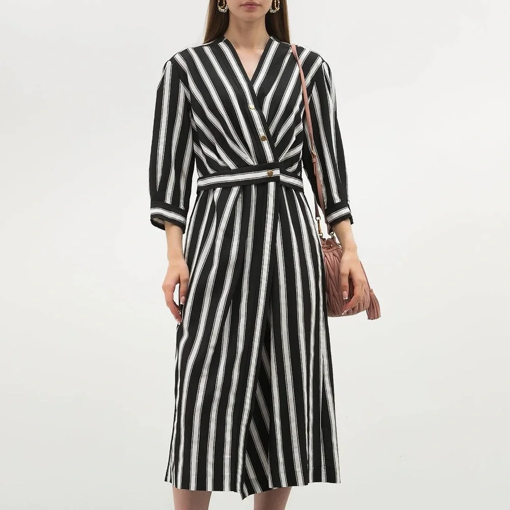 Sandro Carl Black and White Wrap Striped 3/4 Sleeve Midi Dress - Picture 8 of 15